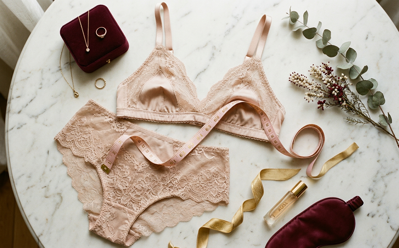 Guia de tamanhos para comprar lingerie online - fita métrica e peças íntimas
