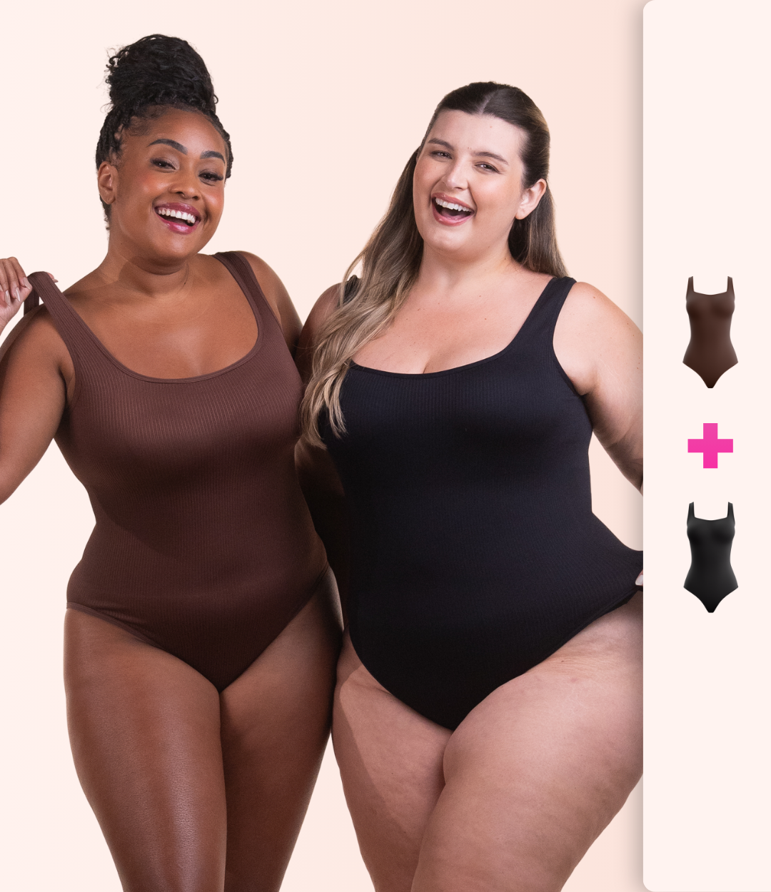 Duas modelos usando o Body Shaper Canelado, marrom e preto