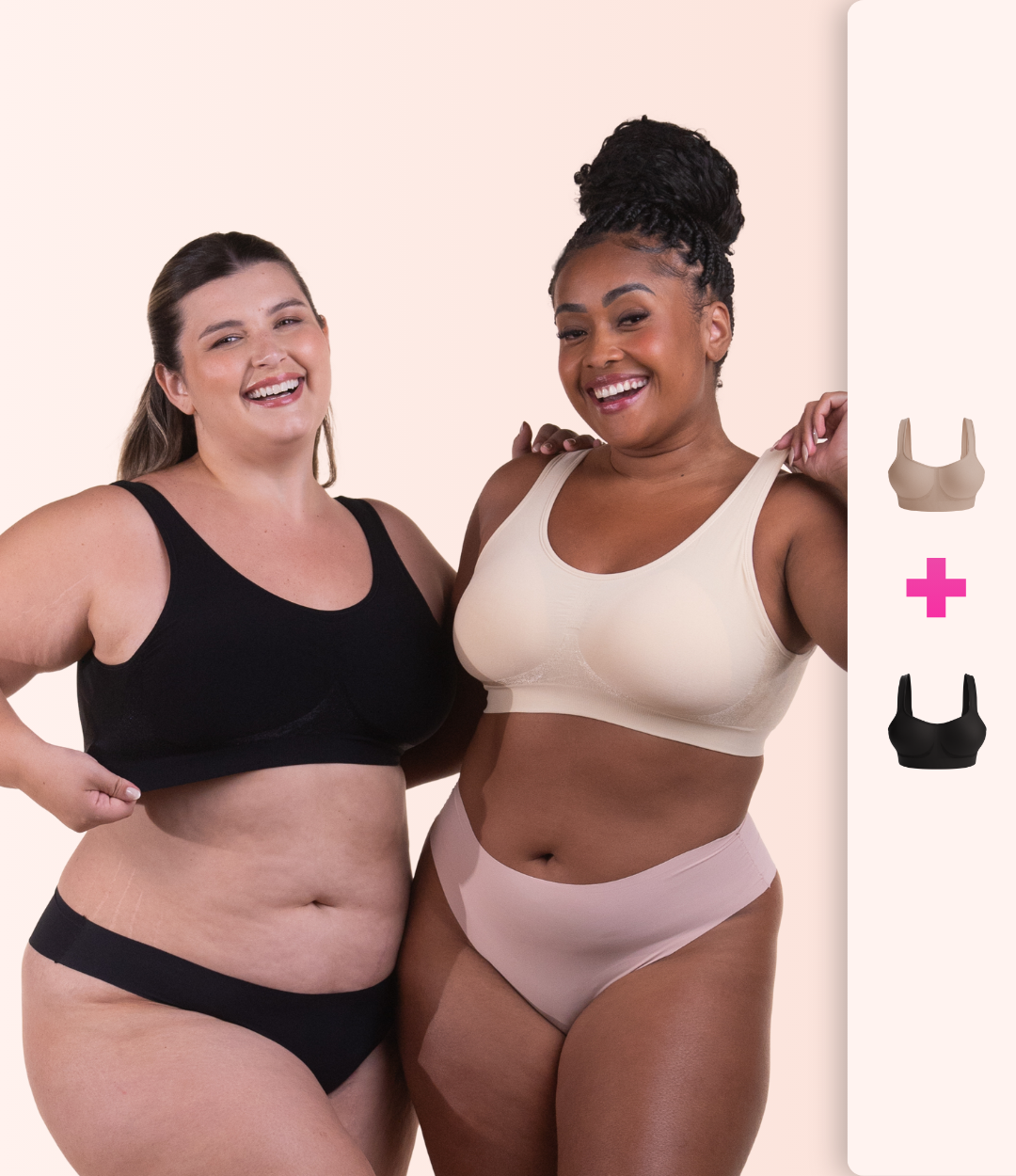 Duas mulheres usando o Sutia Ajuste Perfeito preto e bege